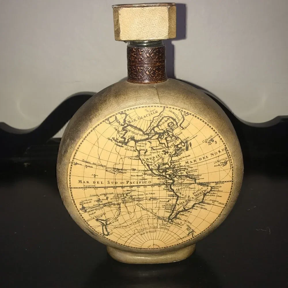 VTG Glass Bottle in Leather Case - Map Design Made in Italy